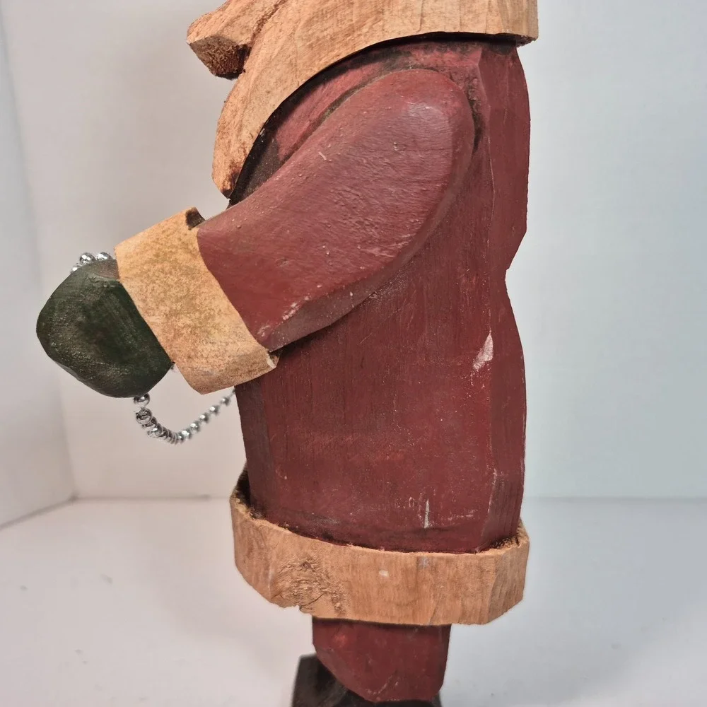 Hand Carved Folk Art Wood Santa Stringing Christmas Lights Signed JFS 11